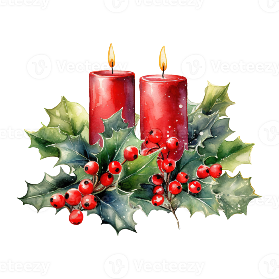 AI generated two red candles with holly leaves and red berries. AI generated image png