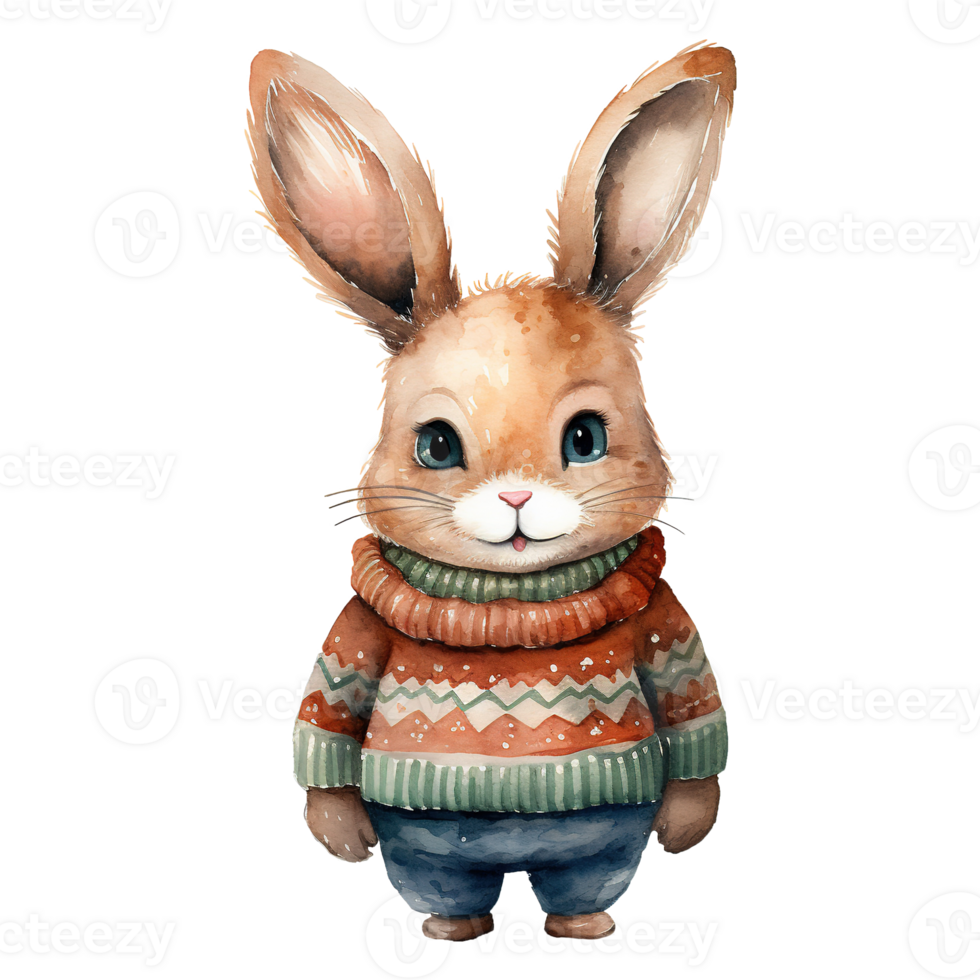 AI generated watercolor of a rabbit wearing a sweater. AI generated image png
