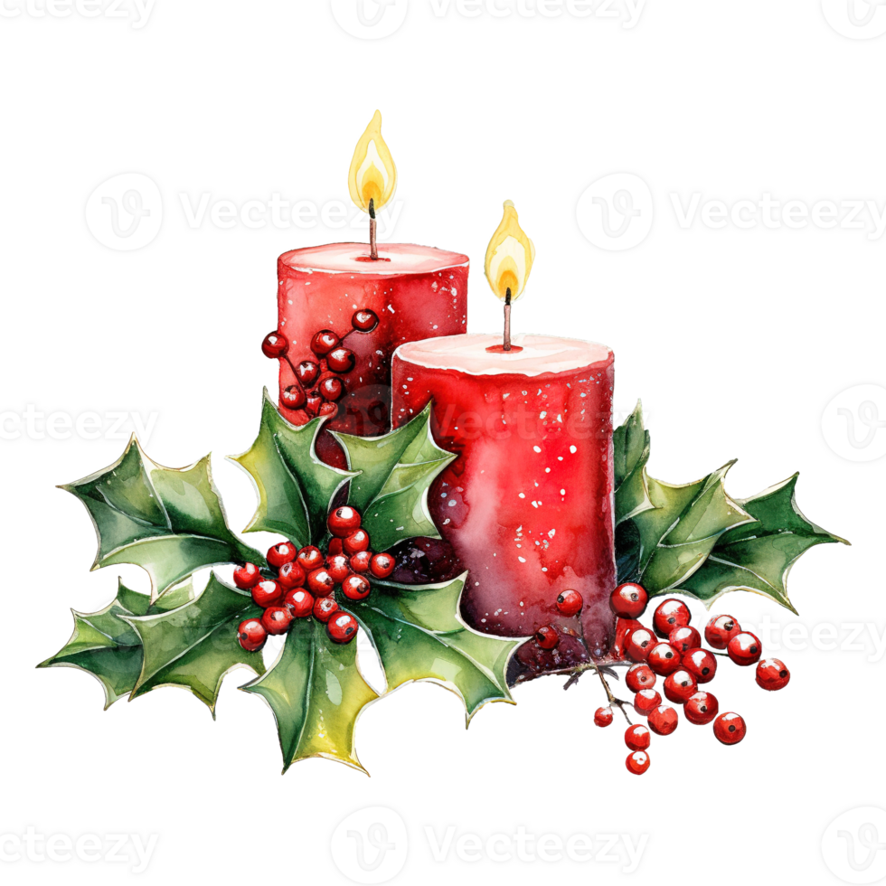 AI generated two red candles with holly leaves and red berries. AI generated image png