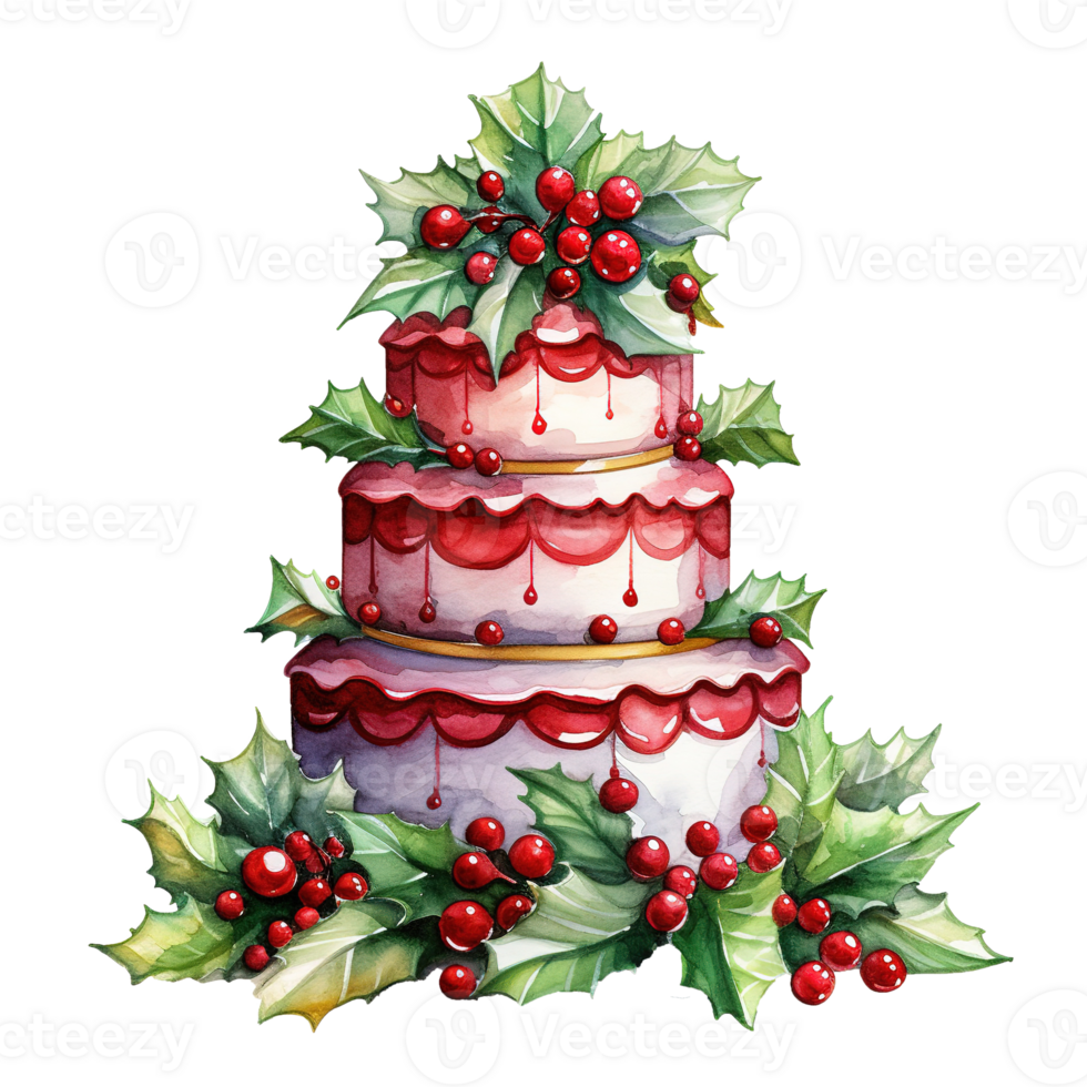AI generated watercolor christmas cake with holly and berries. AI generated image png