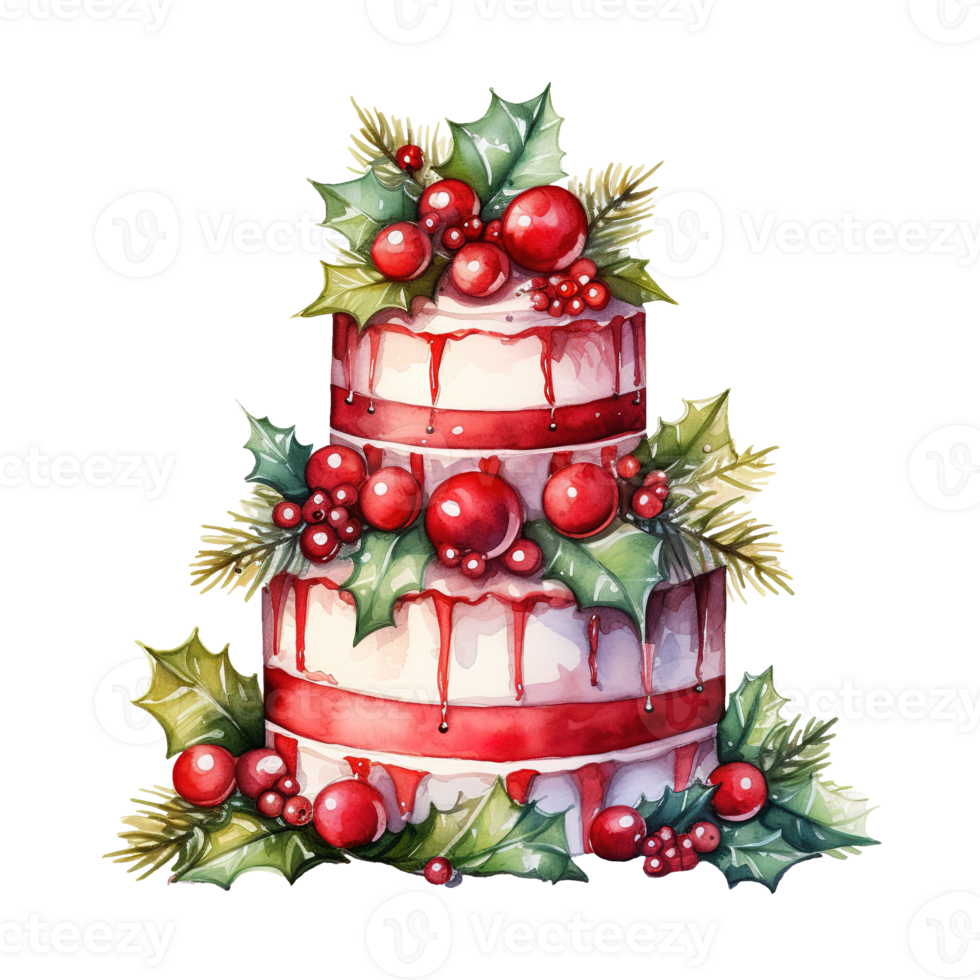 AI generated watercolor christmas cake with holly and berries. AI generated image png