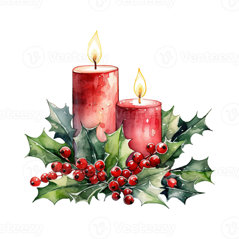 AI generated two red candles with holly leaves and red berries. AI generated image png