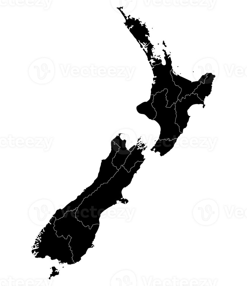New Zealand map. Map of New Zealand in administrative provinces in black color png