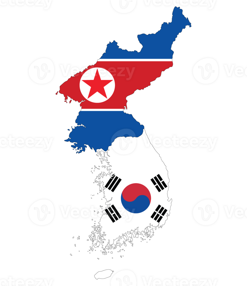 North Korea and South Korea map with national flag. Map of Korea. png