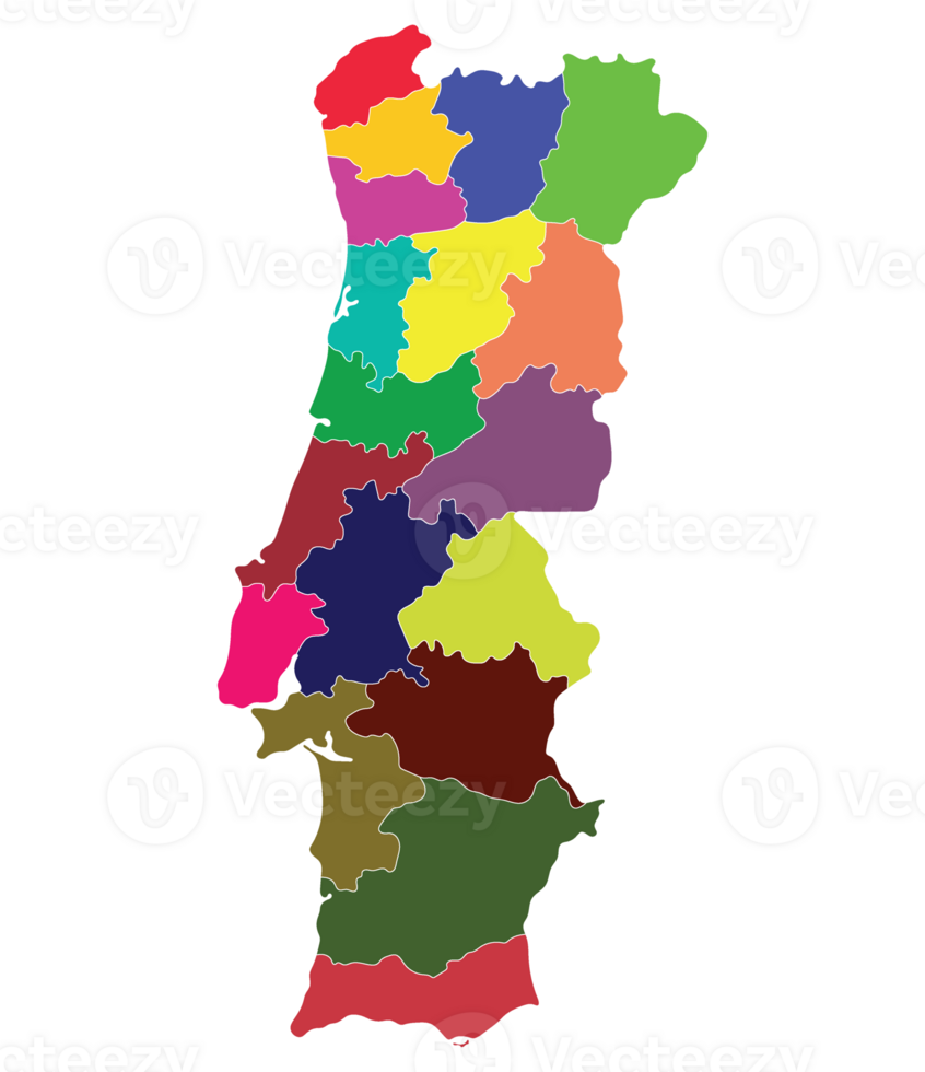 Portugal map. Map of Portugal in administrative provinces in multicolor png