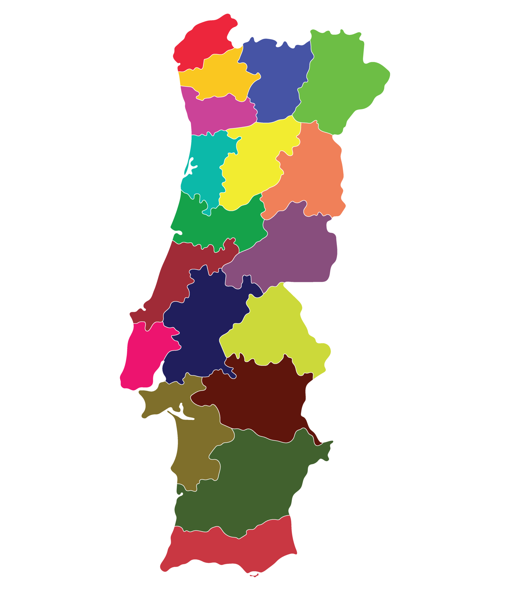 Portugal map. Map of Portugal in administrative provinces in multicolor