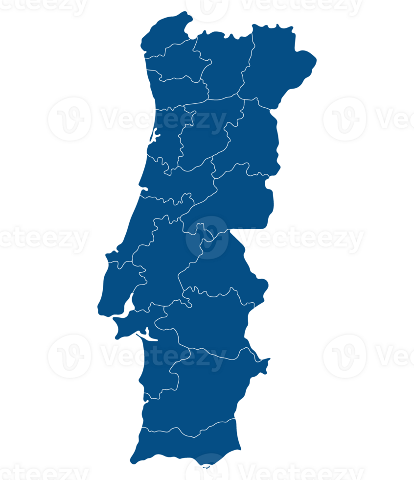 Portugal map. Map of Portugal in administrative provinces in blue color png