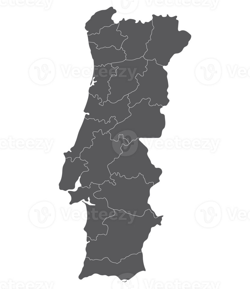 Portugal map. Map of Portugal in administrative provinces in grey color png