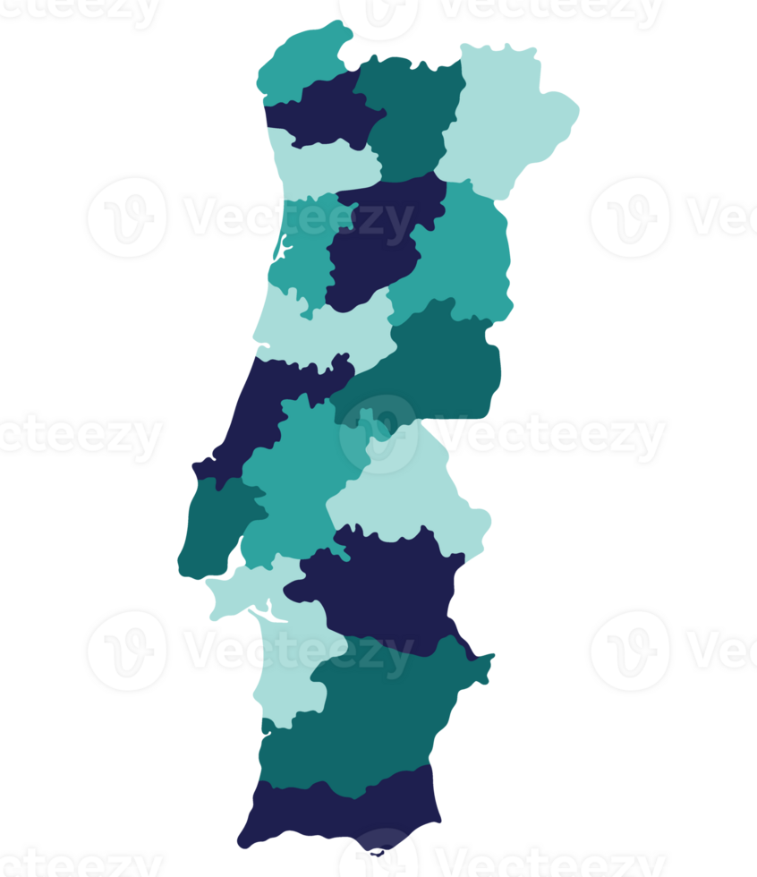 Portugal map. Map of Portugal in administrative provinces in multicolor png