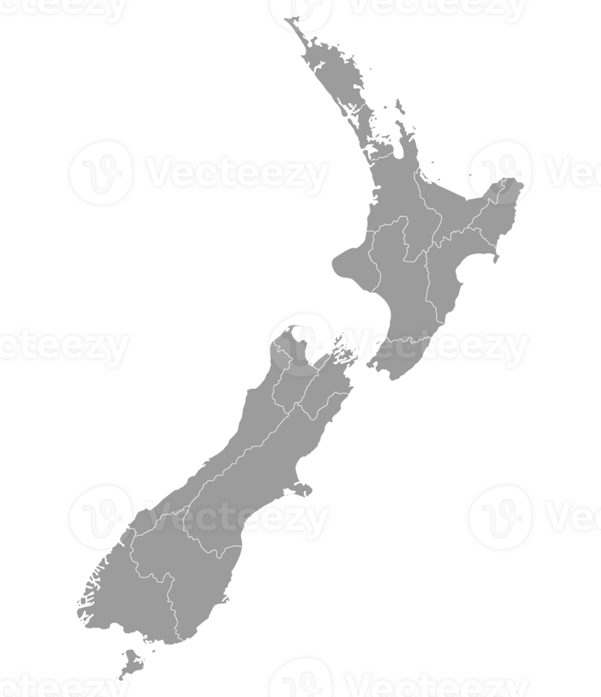 New Zealand map. Map of New Zealand in administrative provinces in grey color png