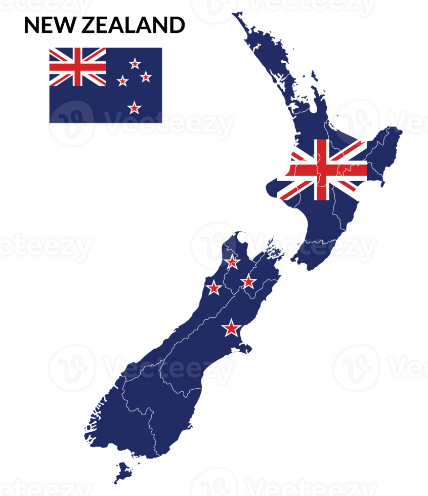 New Zealand map. Map of New Zealand with New Zealand flag png