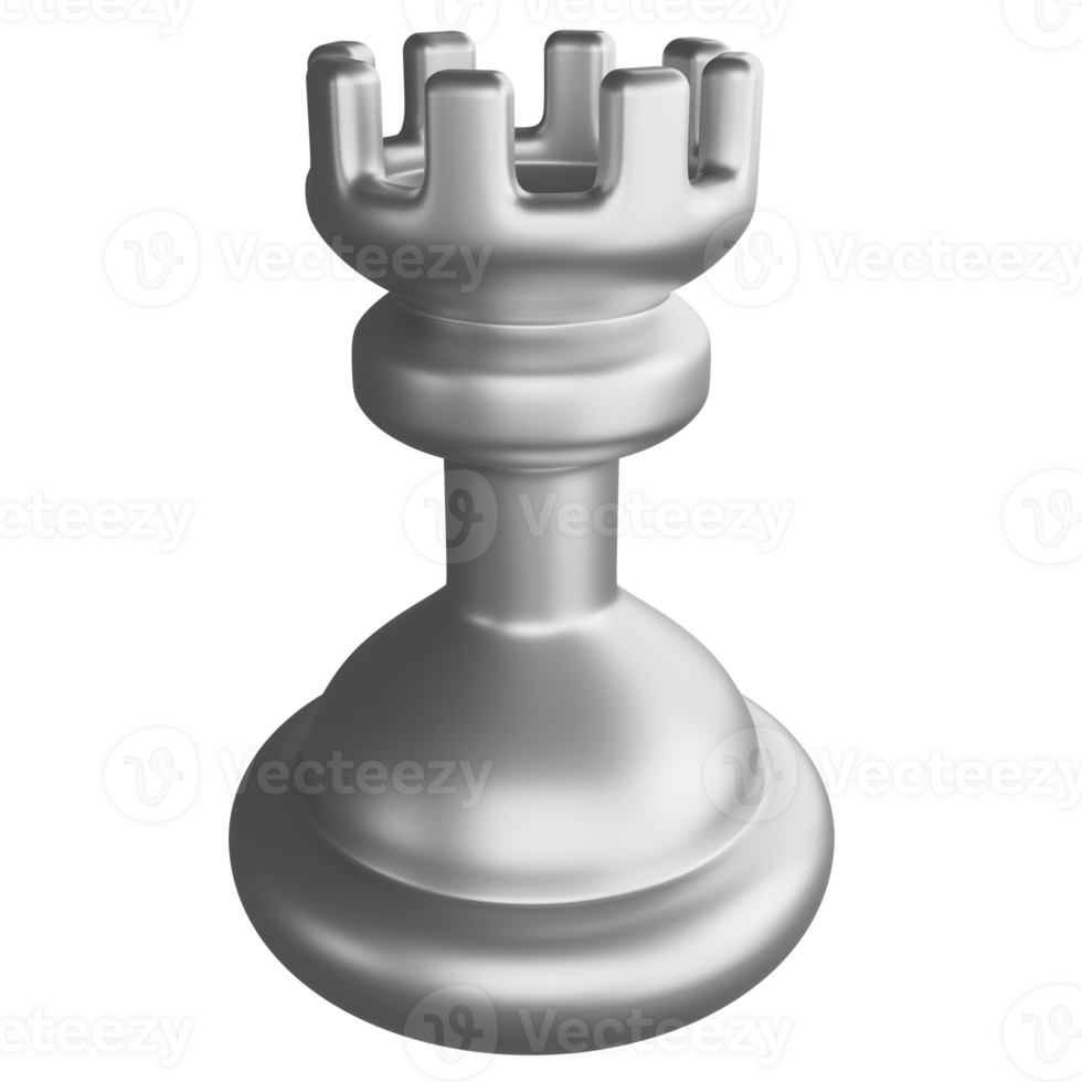 Metallic silver rook chess piece clipart cartoon design icon isolated on transparent background, 3D render chess concept png