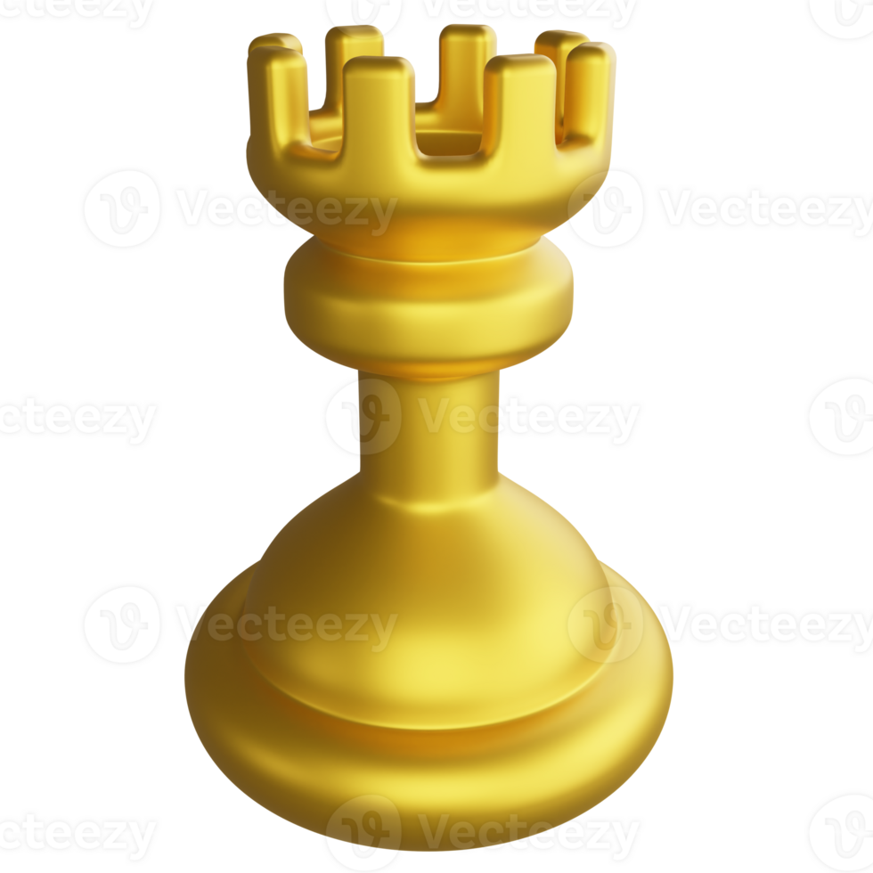 Metallic gold rook chess piece clipart cartoon design icon isolated on transparent background, 3D render chess concept png