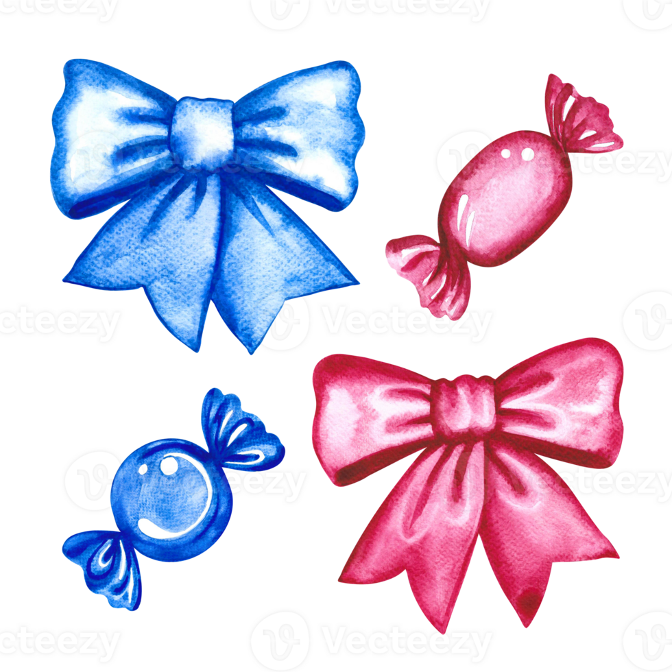 Bows and candies. Blue and pink. Handmade watercolor illustration. Children's pictures. Isolate. For greeting cards, stickers and decorations, compositions and labels, packaging and prints png