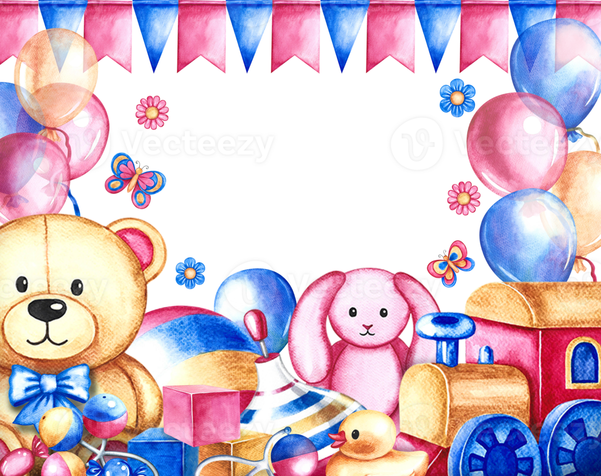 A frame with children's toys. A ball and a spinning top, cubes and a teddy bear, a train and much more. Handmade watercolor illustration. For children's greeting and invitation cards, flyers, package png