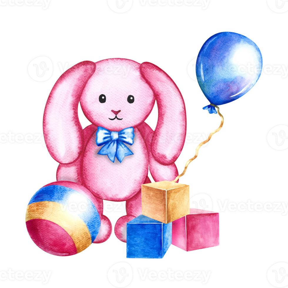 enfants jouets - une balle, cubes et une peluche lapin. Fait main aquarelle illustration. pour le conception de enfants livres, cartes postales et dépliants. pour de emballage de enfants marchandises, pour salutation carte png