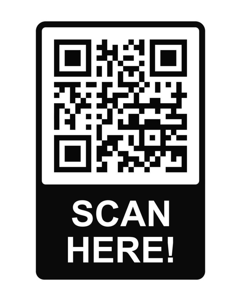 Scan here concept. QR code label in frame. Template of quick response scannable matrix barcode with data storage for redirection to mobile app, landing page, website vector