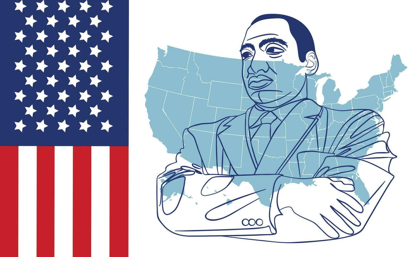 Martin Luther King Jr. Day greeting card design. MLK Day lettering inspirational quote, US flag background vector