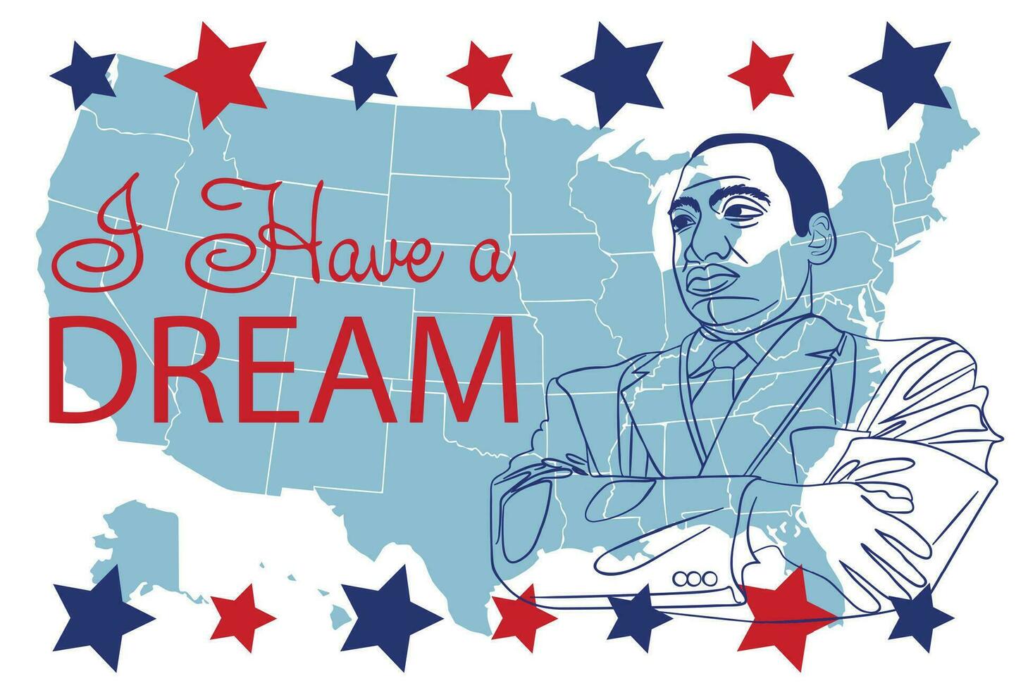 Martin Luther King Jr. Day greeting card design. MLK Day lettering inspirational quote, US flag background vector