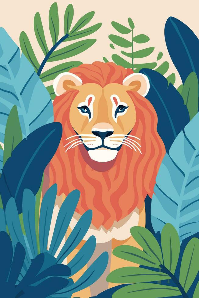 Lion in the jungle. Vector illustration in flat cartoon style.