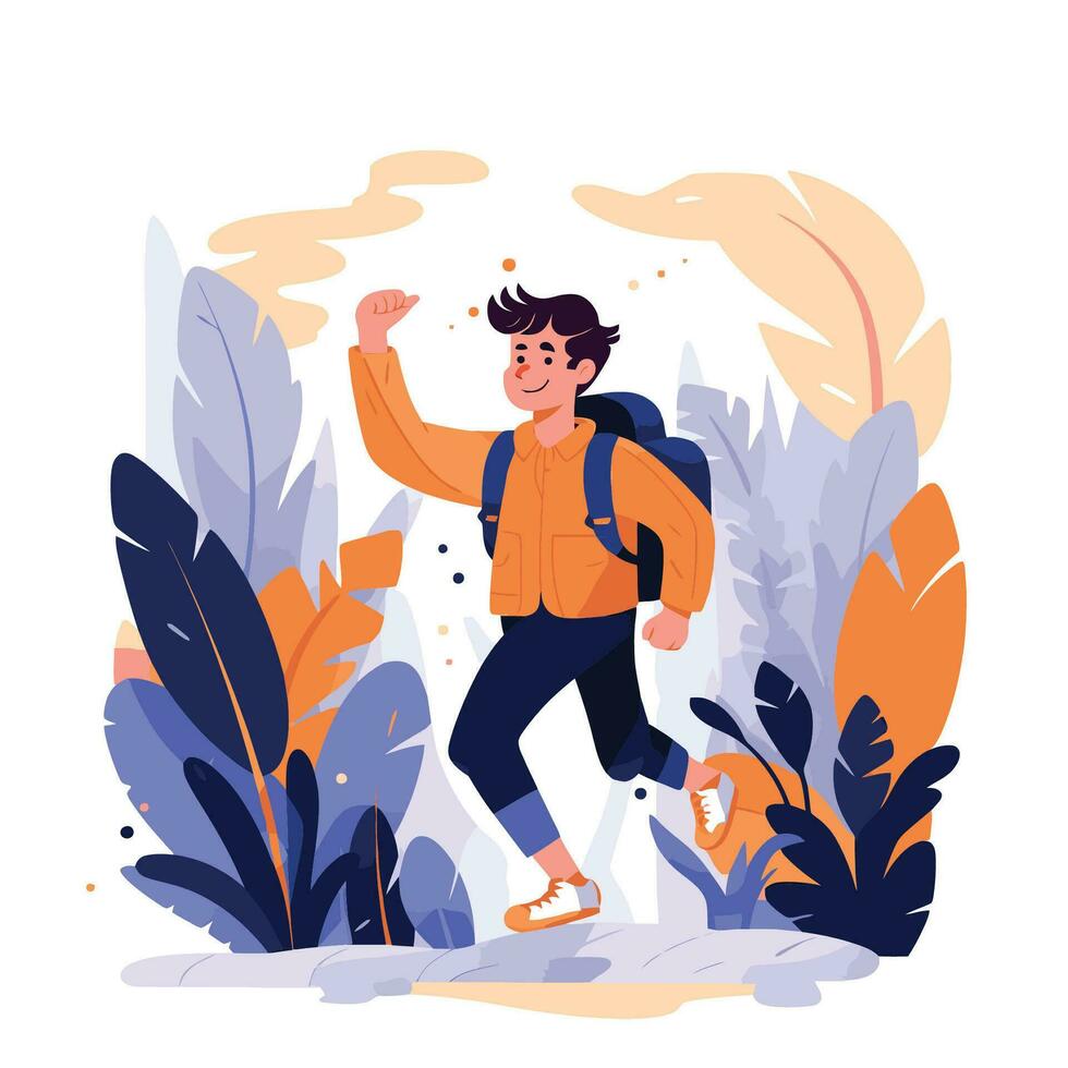 Hiking and trekking concept. Young man hiking in the forest. Flat vector illustration.