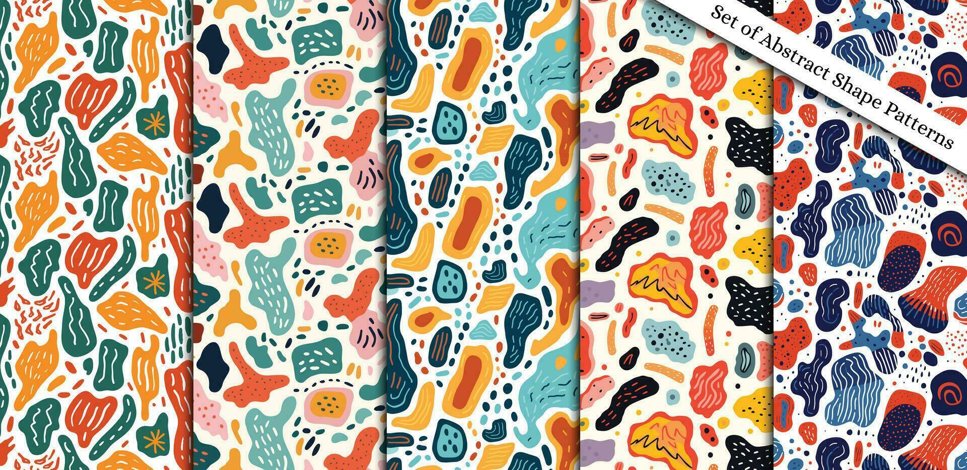 Set of seamless patterns with abstract hand drawn doodle elements. vector