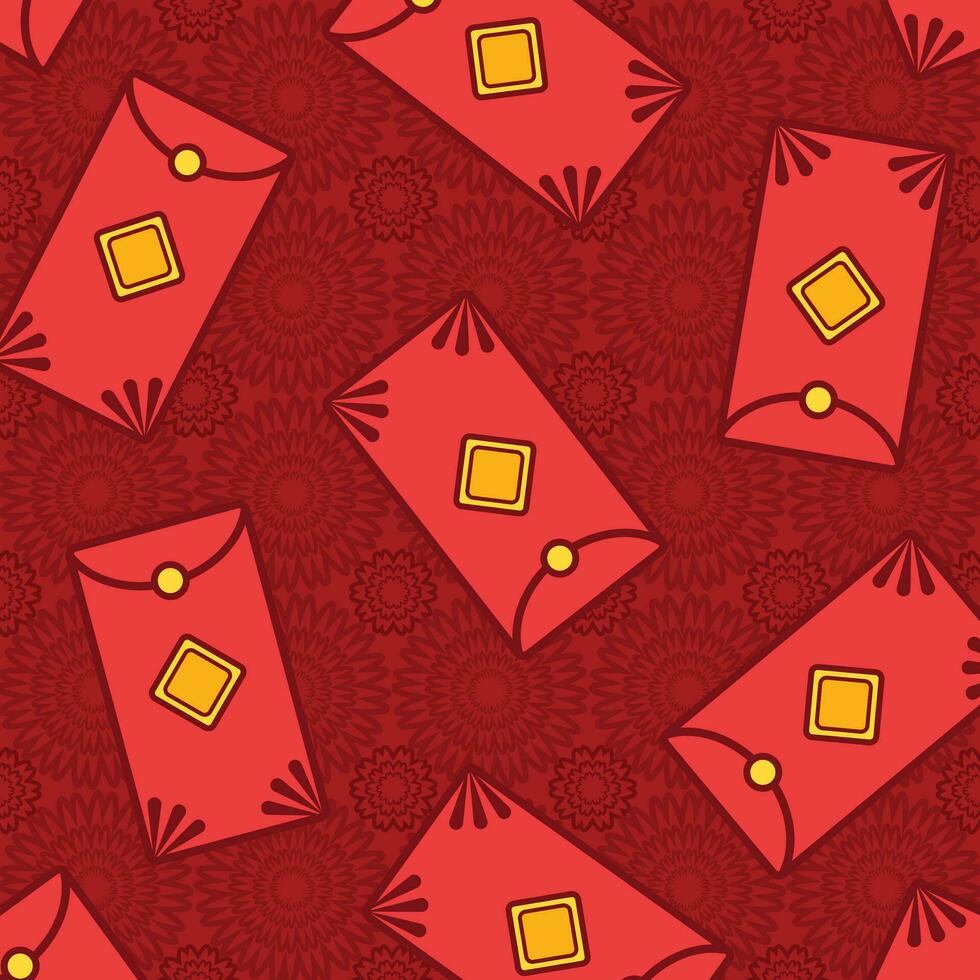 Angbao or angpao red envelope for chinese lunar new year vector illustration pattern isolated on red square background.