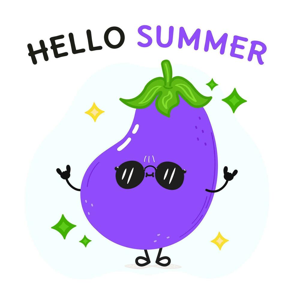 Eggplant character. Hello summer card. Vector hand drawn cartoon kawaii character illustration icon. Isolated on white background Eggplant character concept