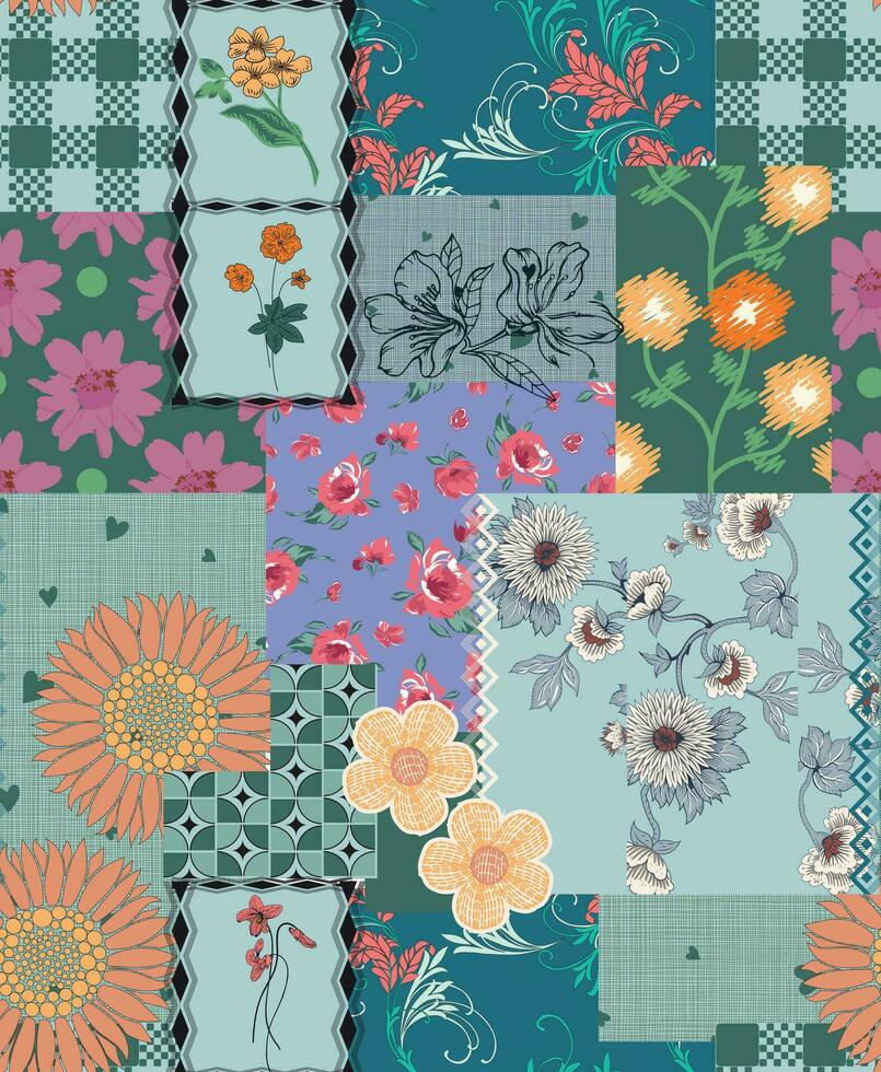 Floral patchwork with hand drawn retro flower and texture background seamless pattern vector