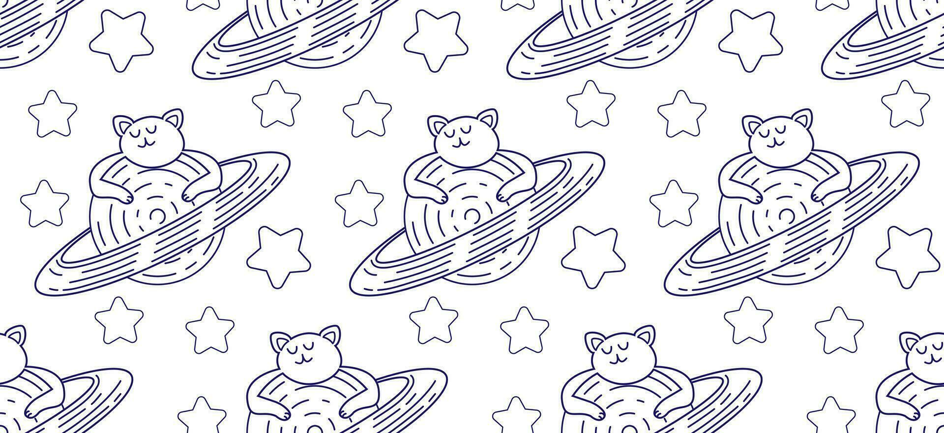 Cat in space seamless pattern. Children's coloring book on a white