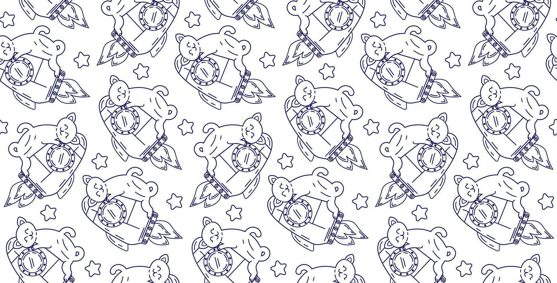 Cat in space seamless pattern. Children's coloring book on a white background isolated. Line drawing vector illustration with cute space cats.