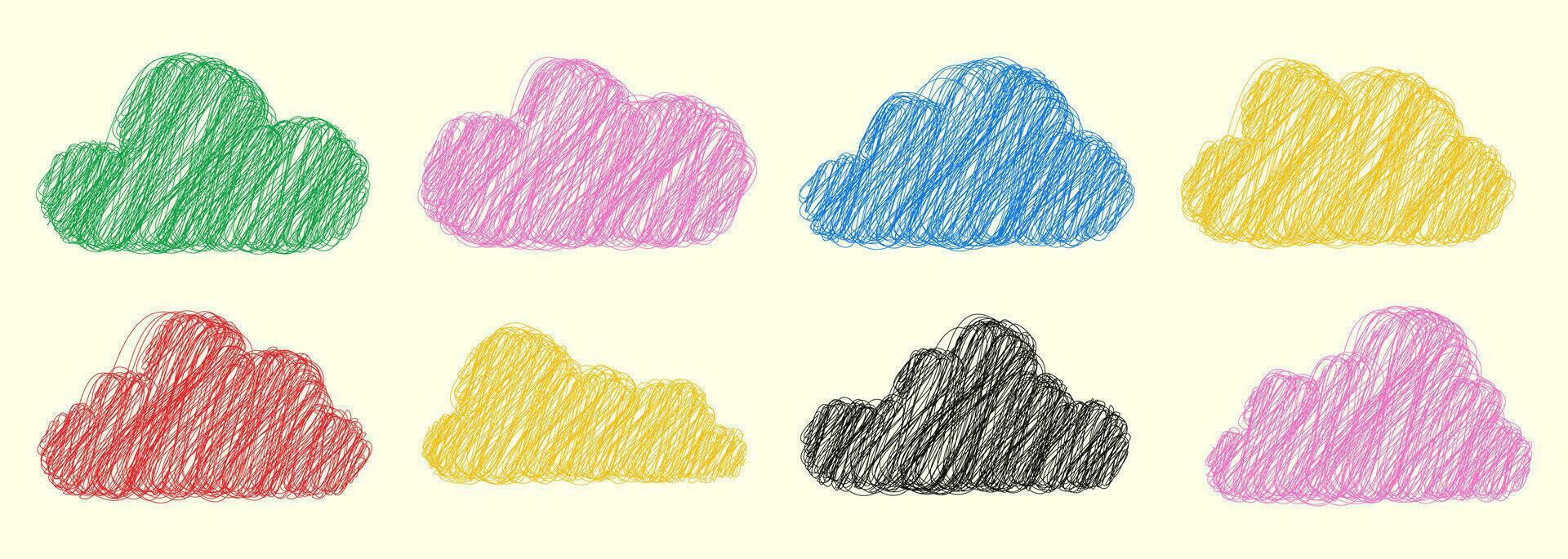 Set of simple scribble multi-colored clouds naive art. Collection of hand-drawn kawaii elements on white background for chat, announcement, comments. vector