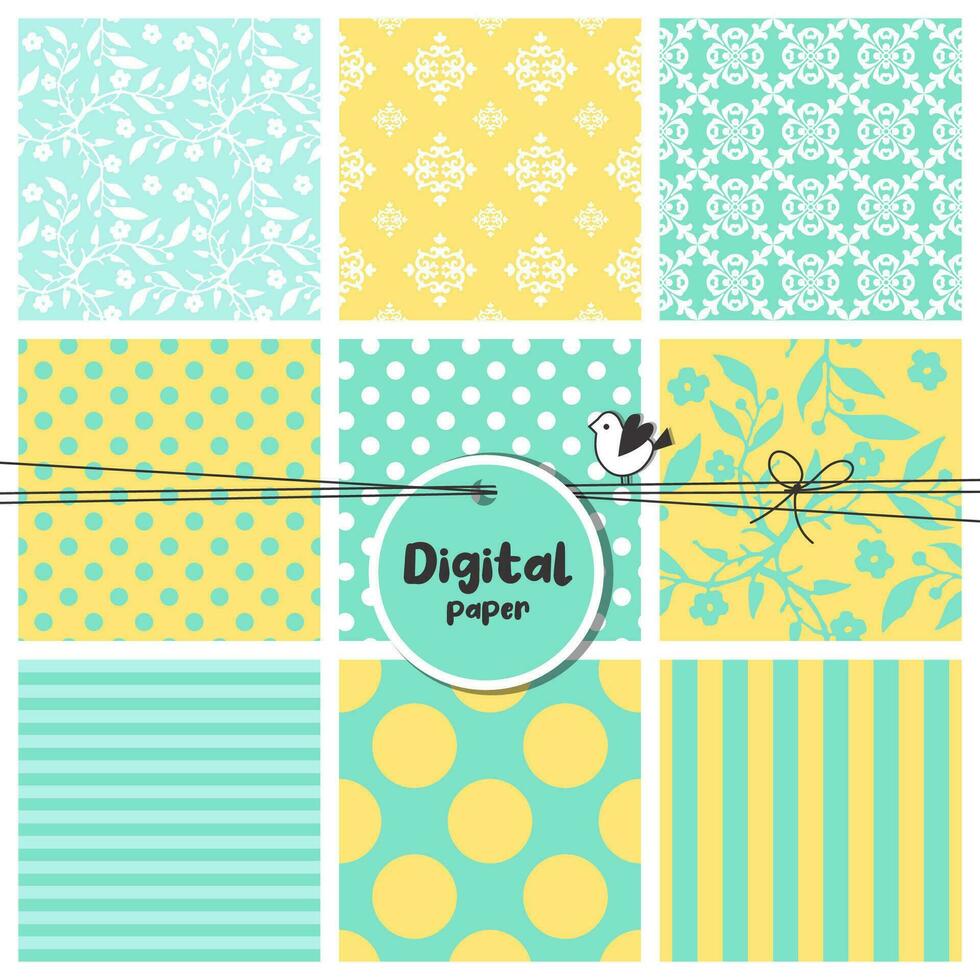 Digital papers, Set of seamless patterns, flowers, dots, stripes, square swatches vector