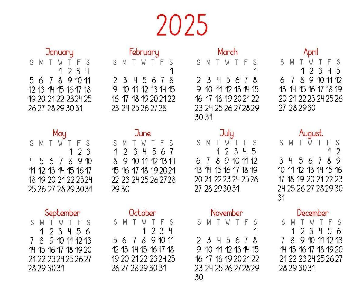 calendario modelo para el año 2025 en sencillo minimalista estilo, semana empieza en domingo