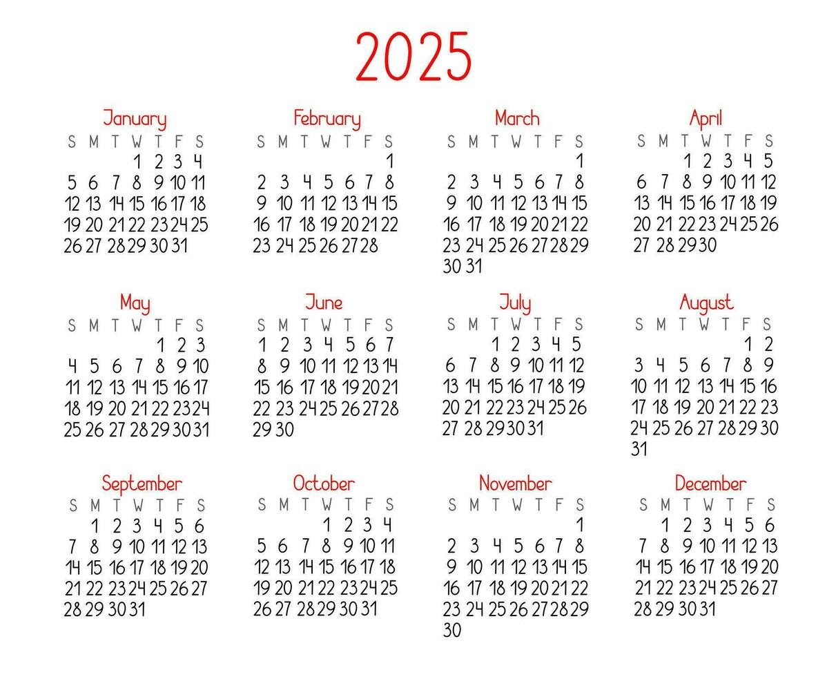 Calendar template for the year 2025 in simple minimalist style, week starts on Sunday, vector printable page