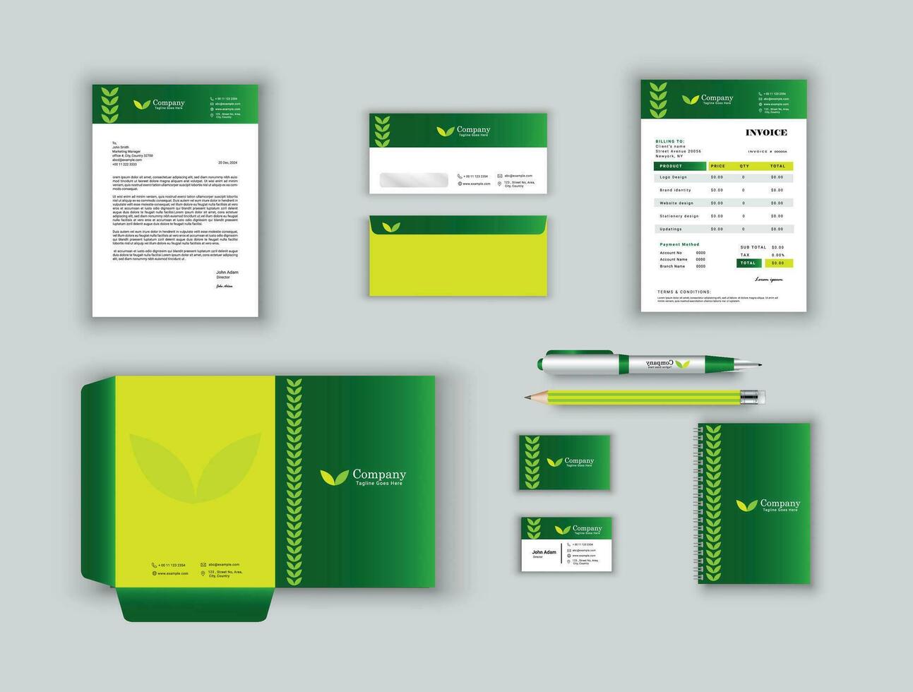 office business stationary set in green, white color vector design with letter head envelop folder notepad pen pencil business card, invoice vector