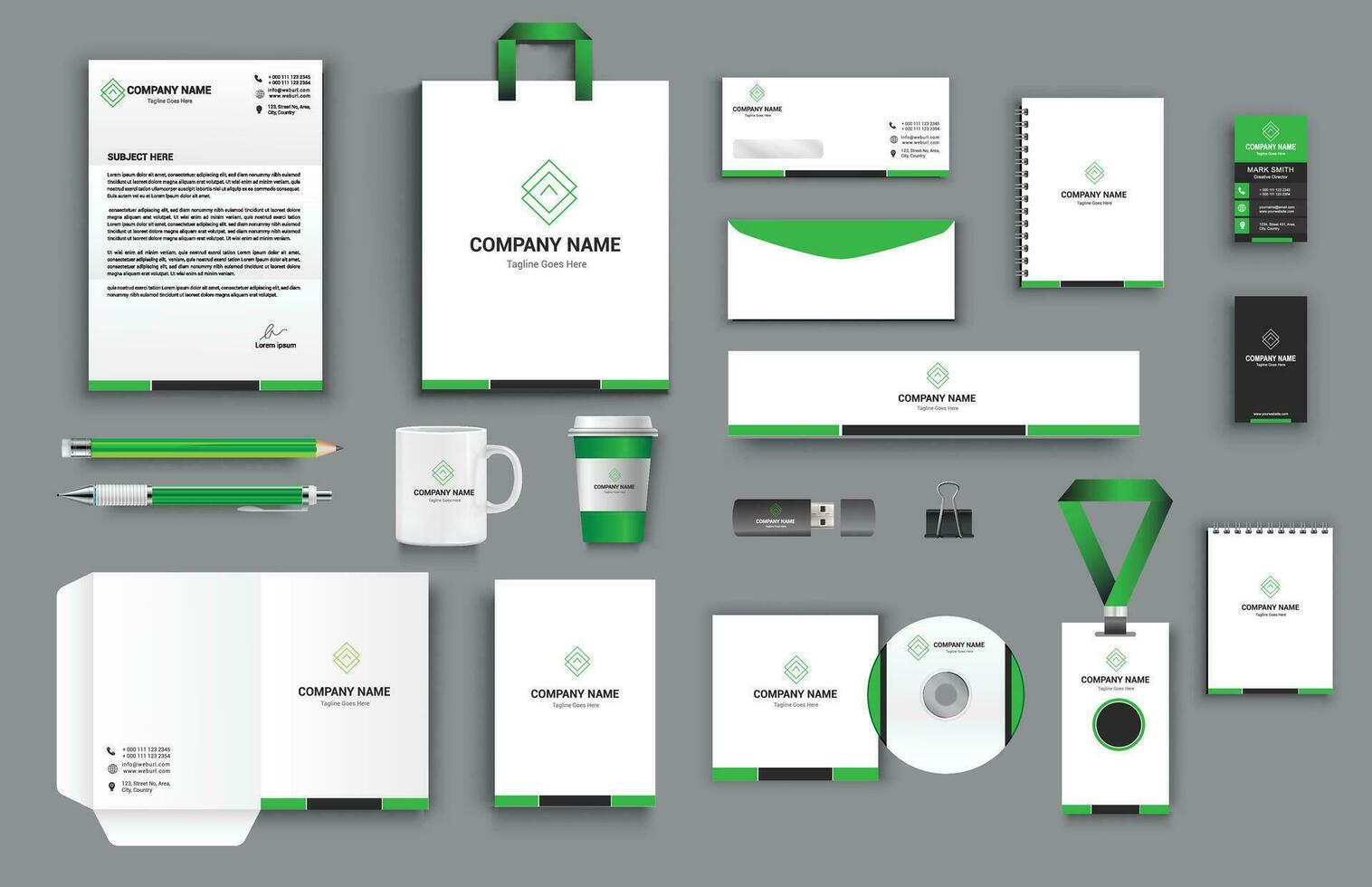 office business stationery set in green black white color vector design with letter head envelop folder id card notepad dvd cover usb paper clip pen pencil cups business card shopper