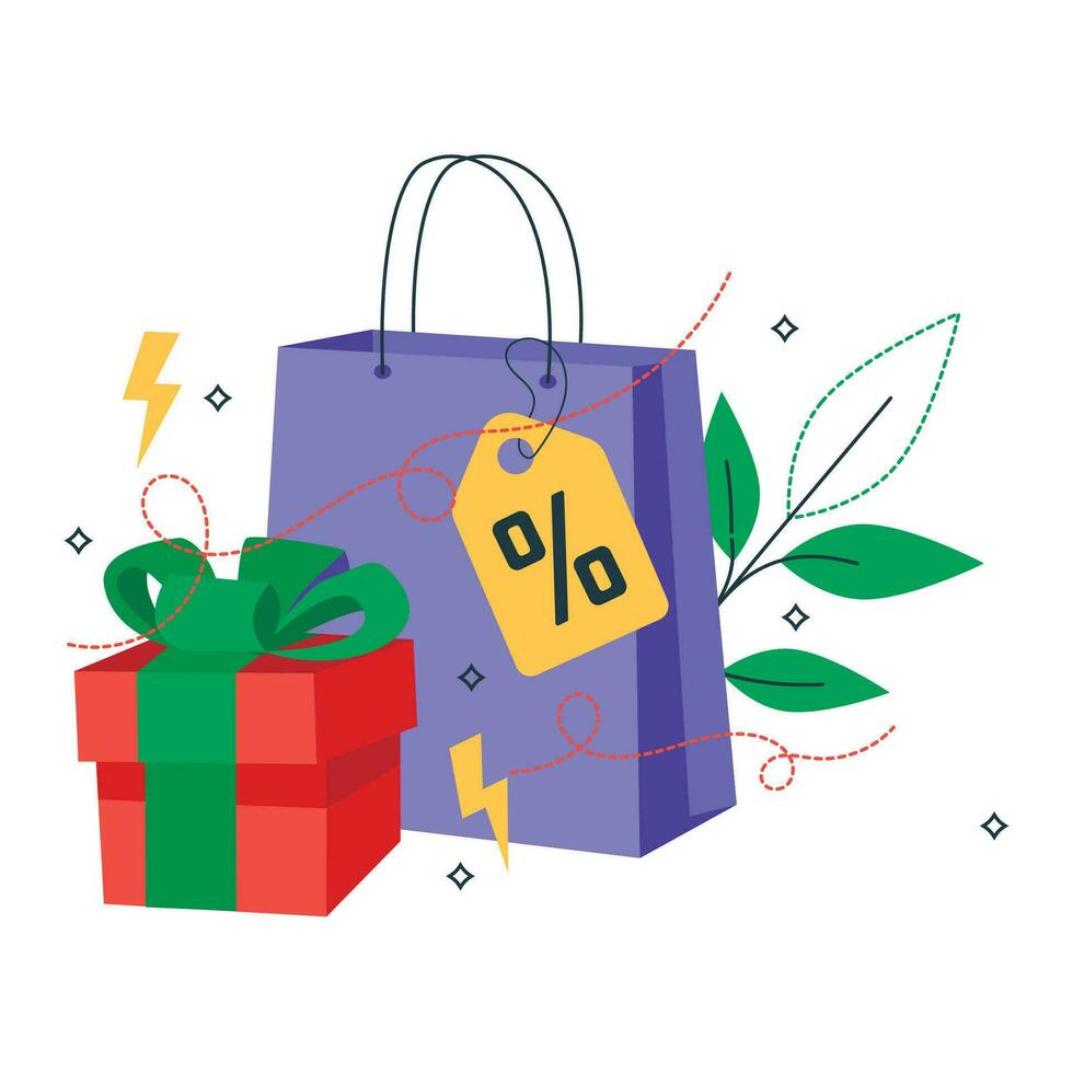 Seasonal discounts. Price reductions, special holiday offers. Paper bag, percent sign, price tag, gift and graphic elements. Vector graphics.