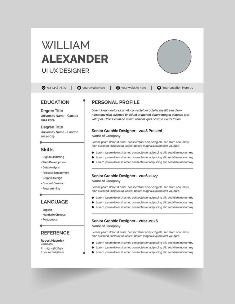 Stylish CV Resume template sample - black and white minimal design vector