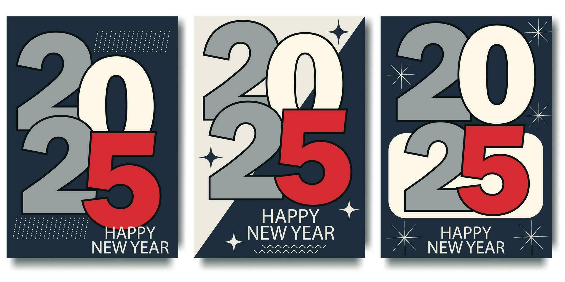 Retro futuristic Happy New Year 2025 posters. Design templates with typography logo 2025 for celebration and season decoration. Minimalistic trendy backgrounds for branding, banner, cover, card vector