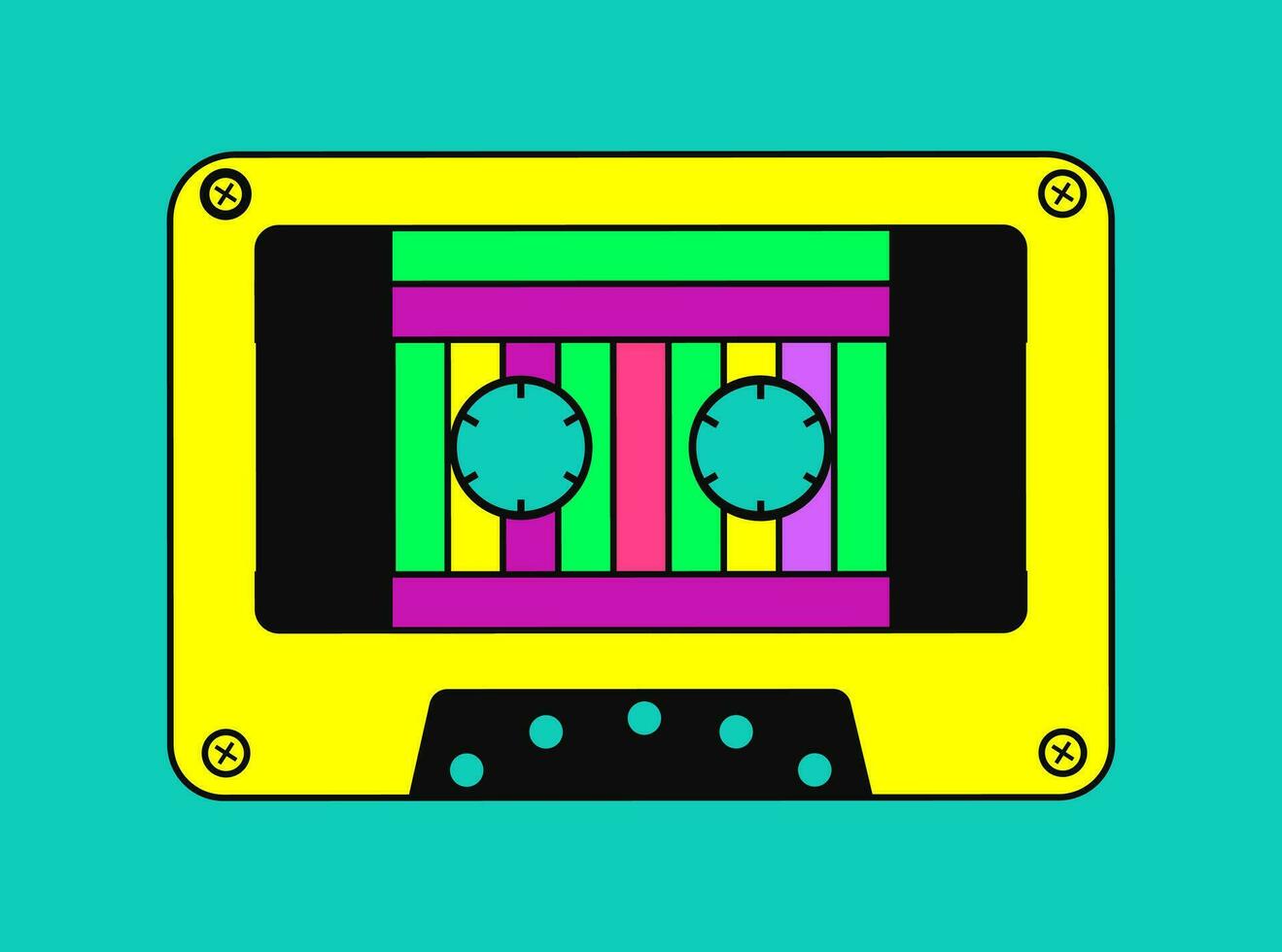 Audio cassette in 90s style. Colorful sticker or icon. Flat vector illustration.