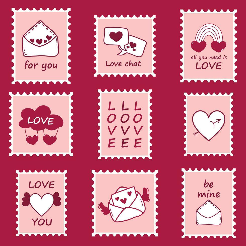 sellos y postales para amantes para letras, saludos y regalos. rosado linda sellos con corazones, letras y el palabra amor para parejas vector