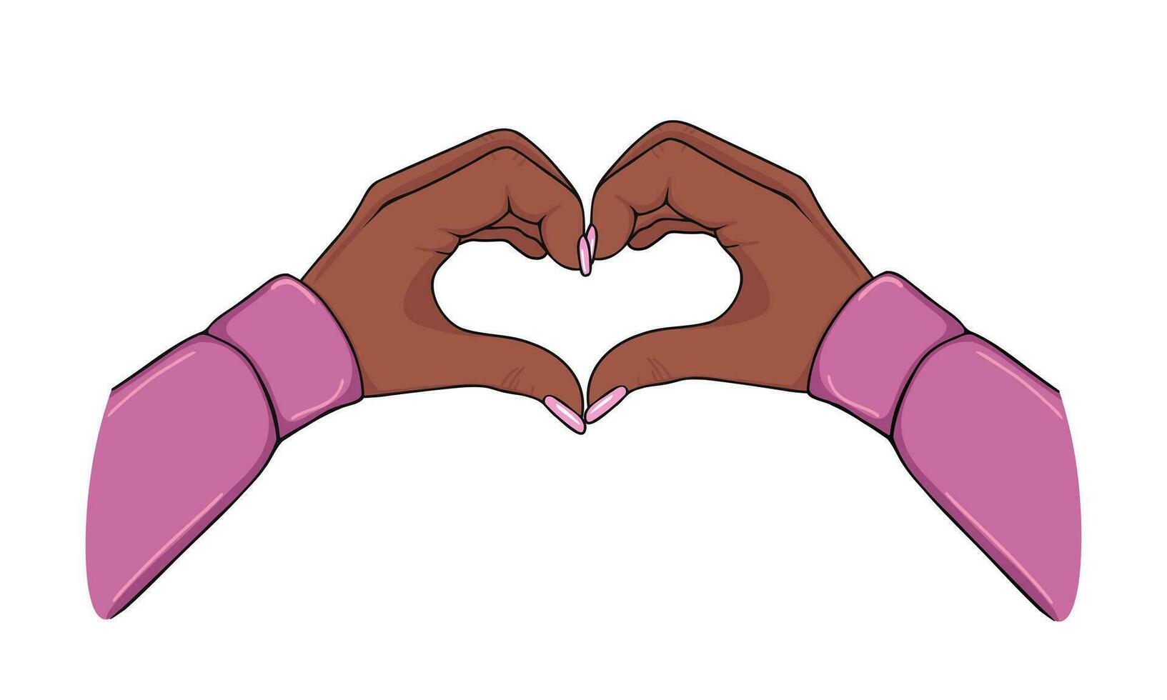 hands of american or african woman in shape heart. Illustration for backgrounds, covers and packaging. Image can be used for greeting cards, posters and stickers. Isolated on white background. vector