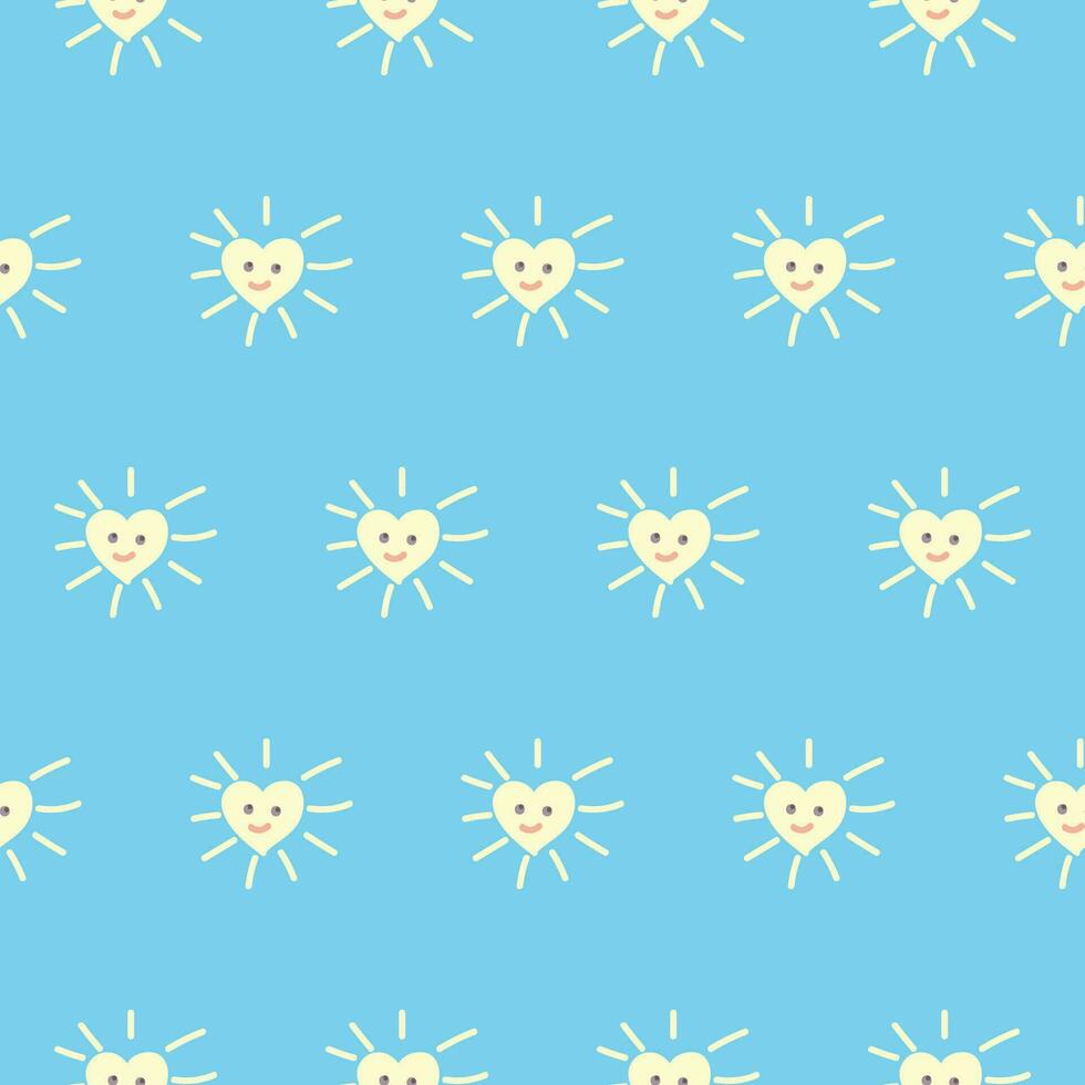 Heart-shaped sun on a blue background. Seamless pattern. Vector illustration.