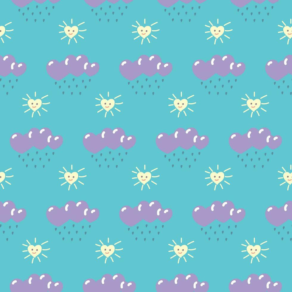 A heart-shaped sun and a cloud with rain with hearts on a blue background. Seamless pattern. Vector illustration.