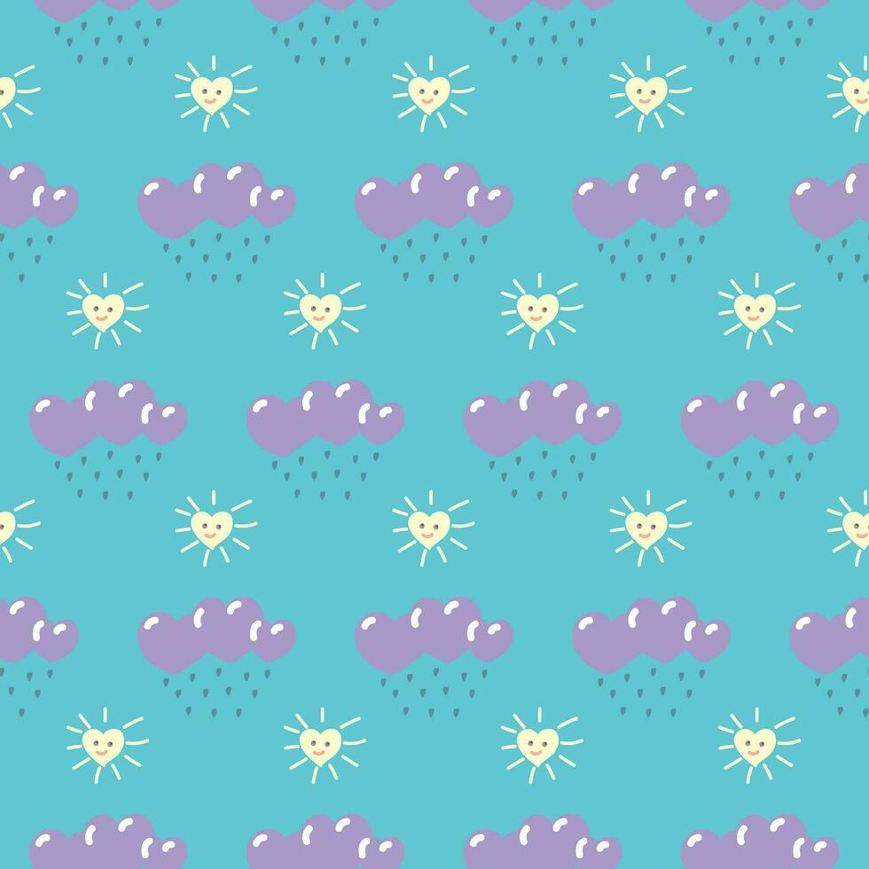 A heart-shaped sun and a cloud with rain with hearts on a blue background. Seamless pattern. Vector illustration.