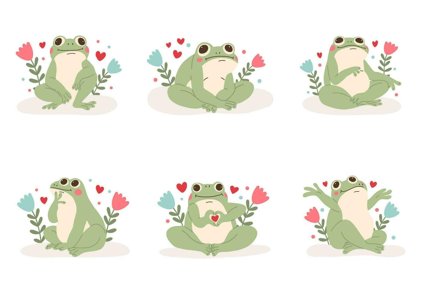 colección de gracioso rana caracteres para San Valentín día. gracioso pensativo rana. verde sapo en amor. para niños color plano vector ilustración de un infeliz anfibio animal