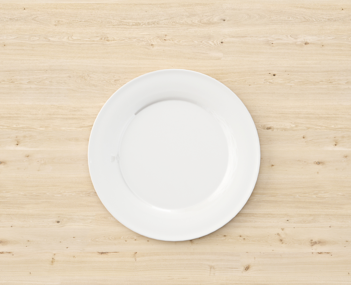 Empty white plate on wooden table. Template psd