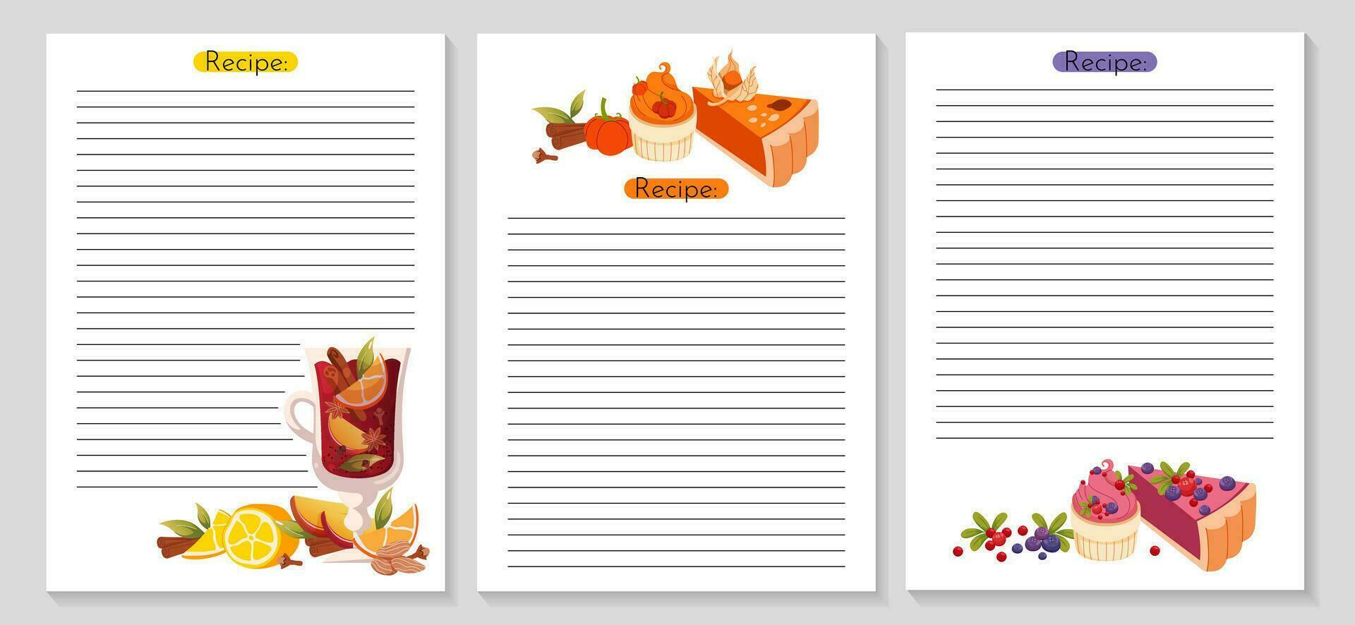 receta tarjetas modelo libro de cocina hojas para receta, notas en Cocinando y ingredientes. calabaza, baya. vector