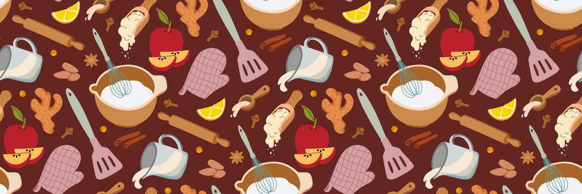 Seamless pattern with pastries, kitchen utensils. Ingredients for apple pie, flour, milk, cinnamon. vector